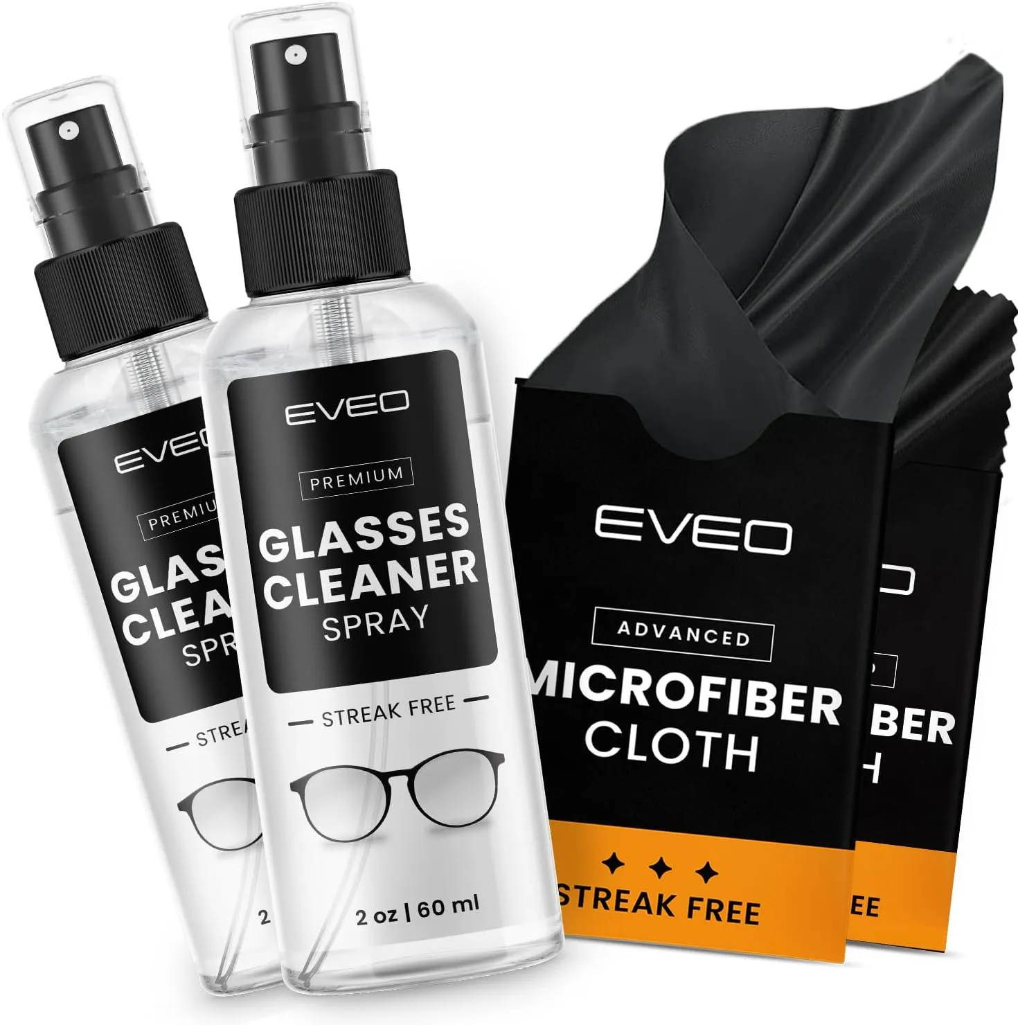EVEO Glasses Cleaner Spray - Eyeglass Cleaner (No Streaks)| x2 Eye Glass Cleaners Spray   x2 Lens Cleaner Microfiber Cleaning Cloth, Glasses Cleaning Kit Eye Glasses Cleaner Spray & Cloth - 4oz(2ozx2)