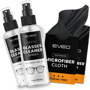EVEO Glasses Cleaner Spray - Eyeglass Cleaner (No Streaks)| x2 Eye Glass Cleaners Spray   x2 Lens Cleaner Microfiber Cleaning Cloth, Glasses Cleaning Kit Eye Glasses Cleaner Spray & Cloth - 4oz(2ozx2)