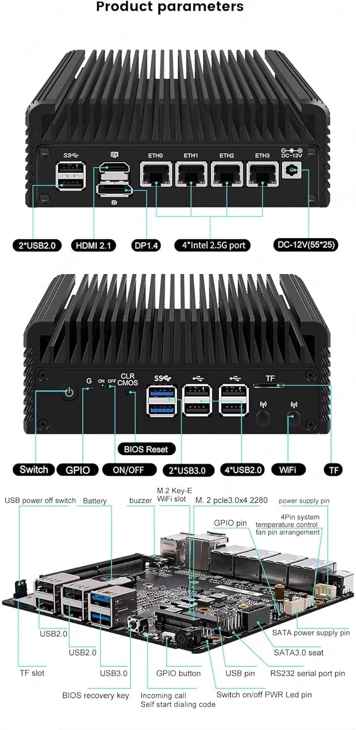 Firewall Appliance Mini PC, Intel Celeron N100 Quad Core 4xIntel I226 2.5G Ethernet VPN Router PC AES-NI HDMI DP Mini PC Soft Router DDR5 2*M.2 Nvme