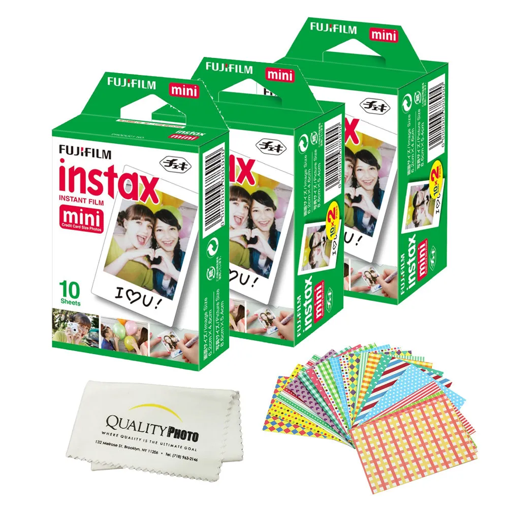 Fujifilm INSTAX Mini Instant Film 2 Pack - 20 Sheets - (White) for Fujifilm Instax Mini 8 & Mini 9 Cameras   Frame Stickers and Microfiber Cloth Accessories