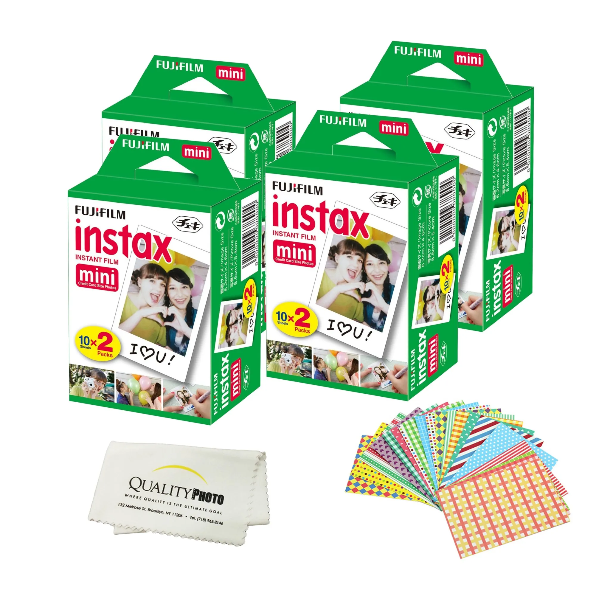 Fujifilm INSTAX Mini Instant Film 2 Pack - 20 Sheets - (White) for Fujifilm Instax Mini 8 & Mini 9 Cameras   Frame Stickers and Microfiber Cloth Accessories