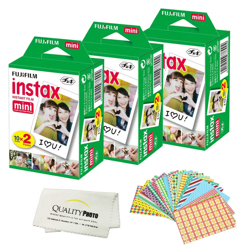 Fujifilm INSTAX Mini Instant Film 2 Pack - 20 Sheets - (White) for Fujifilm Instax Mini 8 & Mini 9 Cameras   Frame Stickers and Microfiber Cloth Accessories