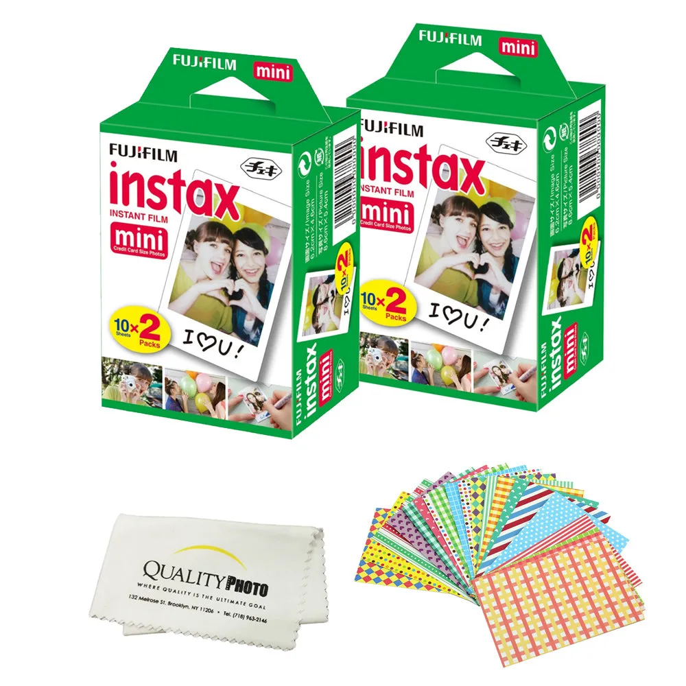 Fujifilm INSTAX Mini Instant Film 2 Pack - 20 Sheets - (White) for Fujifilm Instax Mini 8 & Mini 9 Cameras   Frame Stickers and Microfiber Cloth Accessories