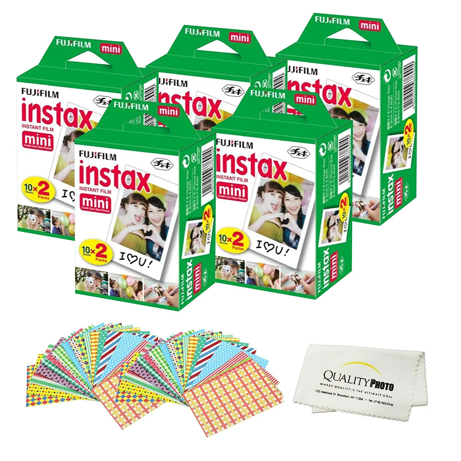 Fujifilm INSTAX Mini Instant Film 2 Pack - 20 Sheets - (White) for Fujifilm Instax Mini 8 & Mini 9 Cameras   Frame Stickers and Microfiber Cloth Accessories