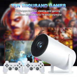 Game Projector with 2 Retro Gaming Consoles, Mini Projector with Wifi and Bluetooth, Small Portable Outdoor Movie Projector, Arcade Vision Smart HD Projector with Built in 10,000  Retro Games