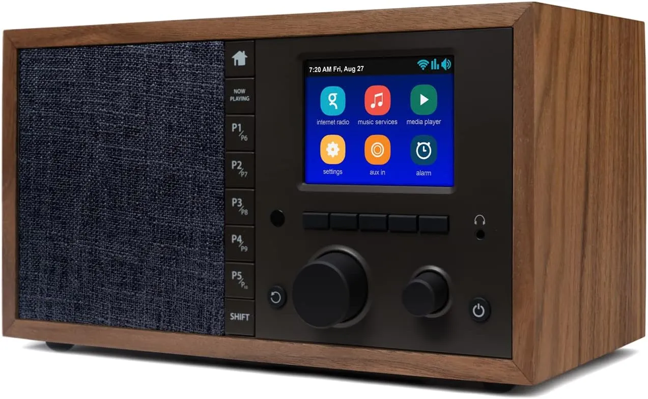 Grace Digital Mondo Elite Classic Smart Internet Radio Bluetooth Wi-Fi Qi-Wireless Fast Charger 7-Day Alarm  Microphone-Free (Walnut)