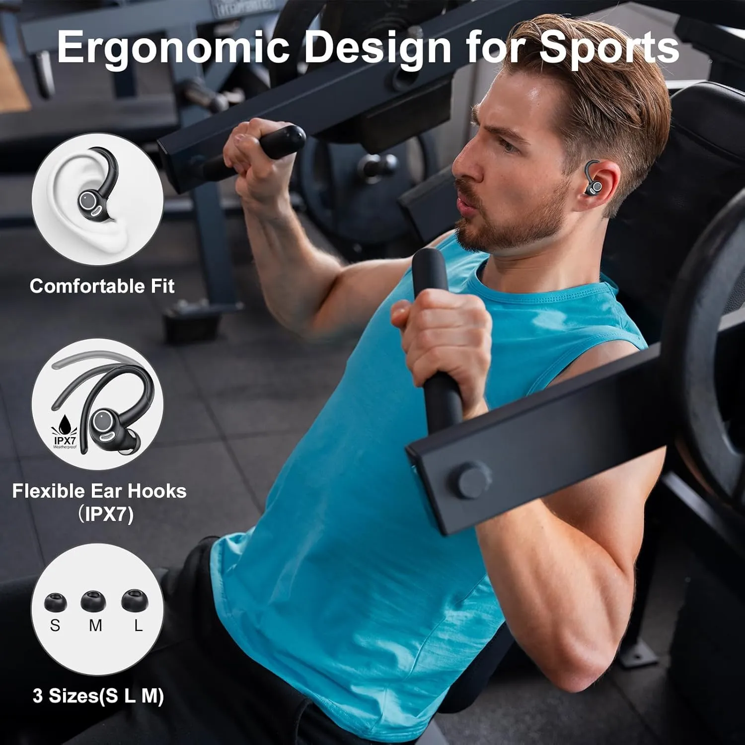 Headphones Wireless Earbuds Sport, Bluetooth 5.3 Over Ear Buds Stereo Deep Bass Headset with Earhooks, 48H Wireless Earphones with HD Mic, IP7 Waterproof Earbud for Sports/Running/Workout