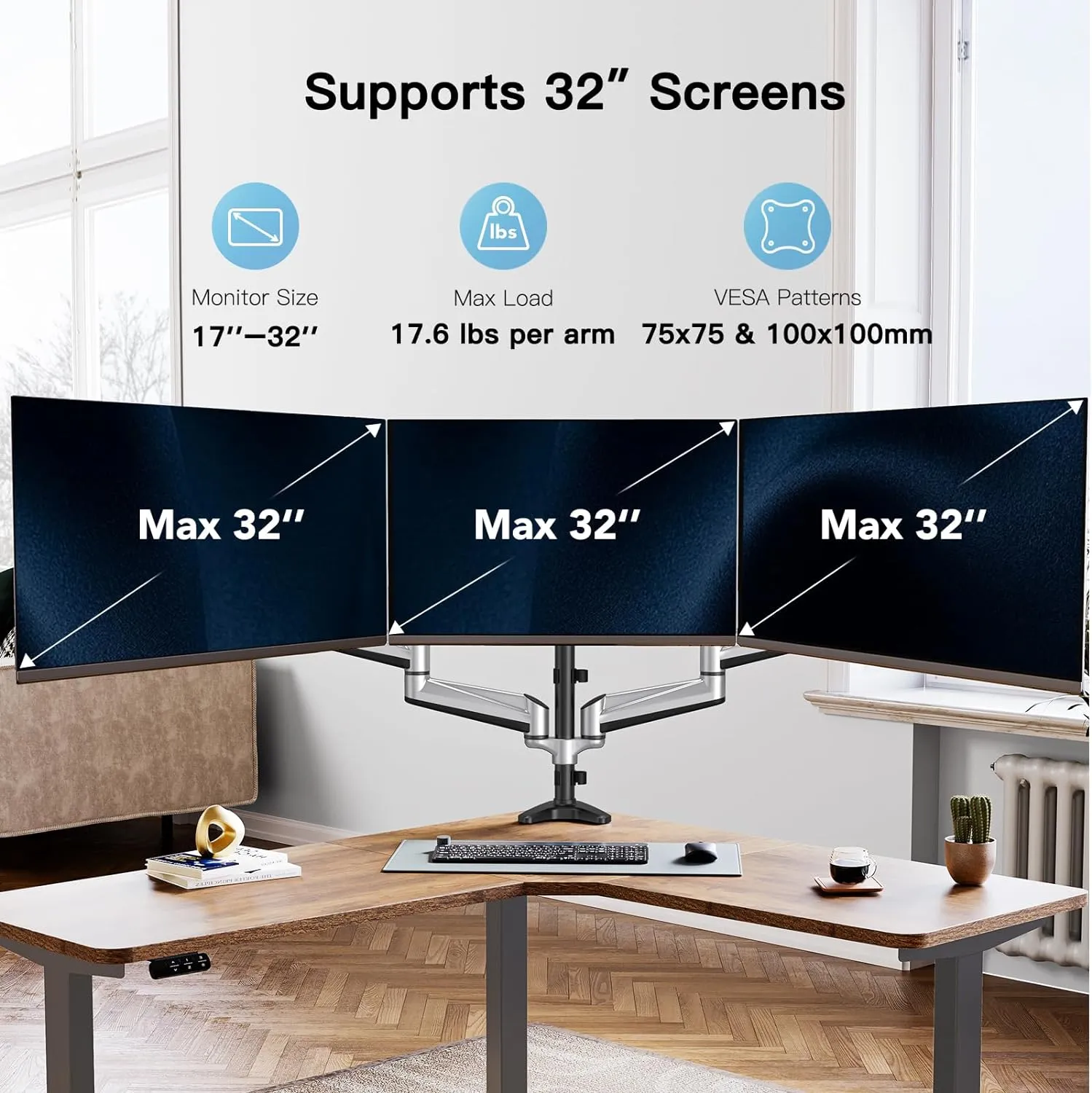 HUANUO Triple Monitor Stand - Full Motion Articulating Gas Spring Monitor Mount Fit Three 17 to 32 inch Flat/Curved LCD Computer Screens with Clamp, Grommet Kit, Silver