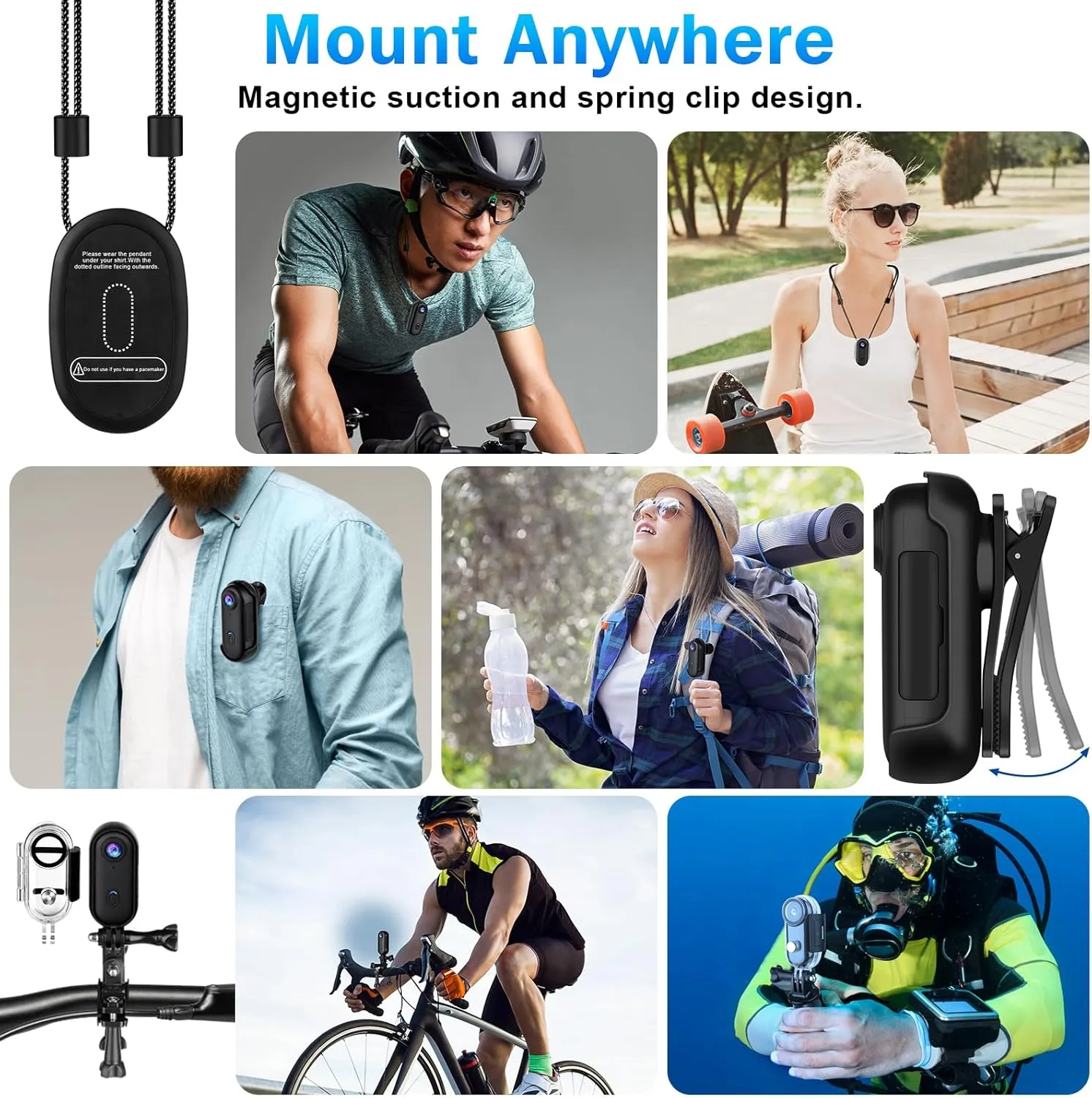 i3 4K Thumb Action Camera, Tiny Size, Mount Anywhere, Small Body Camera with Spring Clip, Portable Vlogging, Hands-Free POV Recording, Helmet Cam for Cycling, Motorcycle (64G-Card, Black)