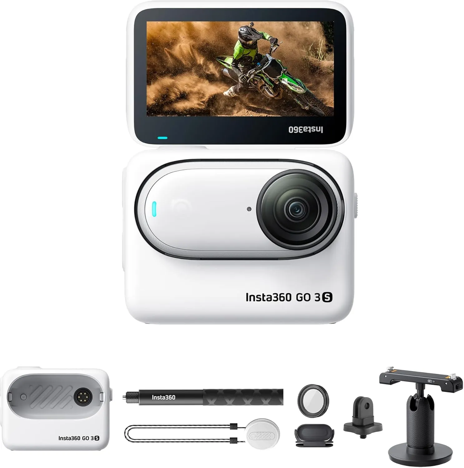 Insta360 GO 3S (White) 64GB Tiny Mighty 4K Action Vlogging Camera, Portable, Mount Anywhere, Waterproof, Stabilization, Hands-Free POV,   Action Pod and Wearable Accessories   Invisible Selfie Stick