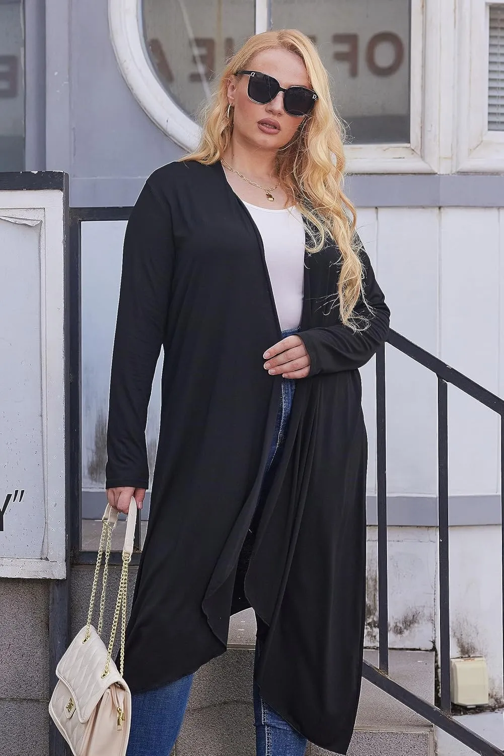 IN'VOLAND Women's Plus Size Cardigan Long Sleeve Open Front Drape Cardigans Lightweight Long DusterL-5XL