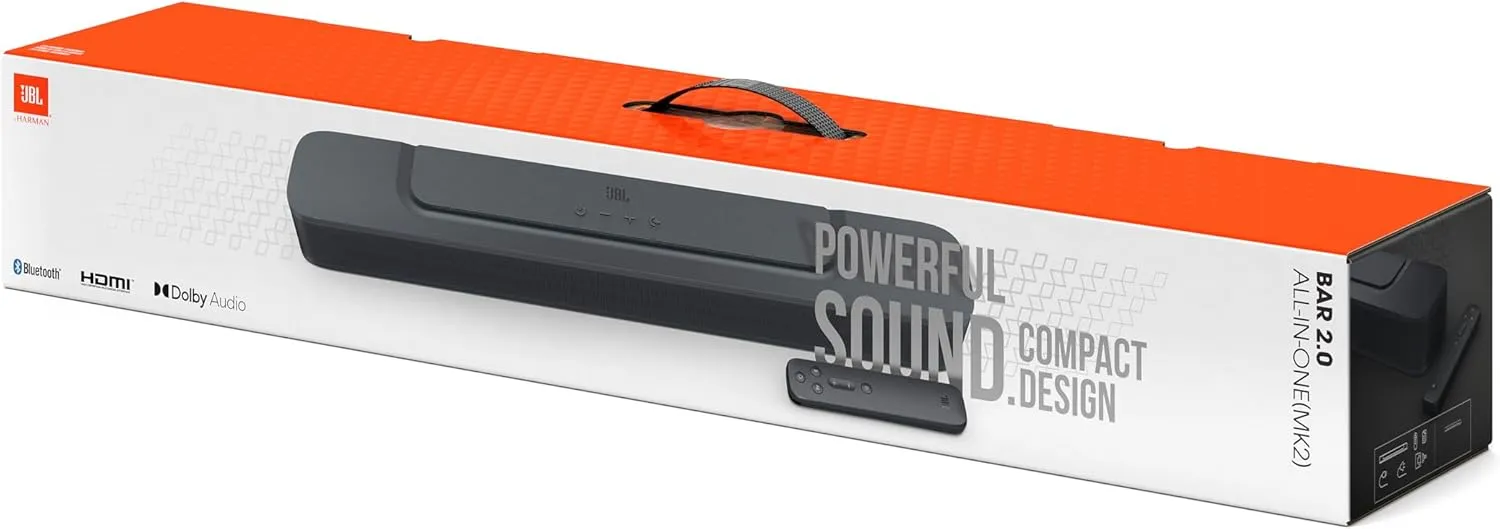 JBL BAR-2-0-ALL-IN-ONE-MK2 Compact 2ch Soundbar with Dolby Digital and an Austere 5S-PS4-US1 4-Outlet Power with Omniport USB (2022)