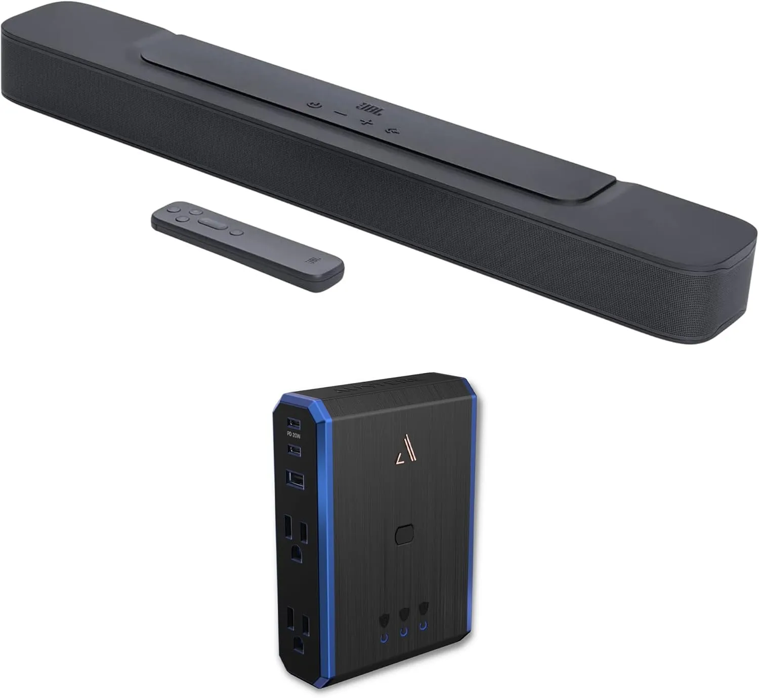 JBL BAR-2-0-ALL-IN-ONE-MK2 Compact 2ch Soundbar with Dolby Digital and an Austere 5S-PS4-US1 4-Outlet Power with Omniport USB (2022)