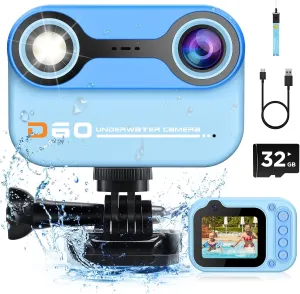 Kids Camera Waterproof, 2.4'' HD 1080P IPS Scren Toddler Camera Underwater Birthday Gifts for Girls Boys 3-12 Years Old, Children Digital Action Camera with 32GB Card, Pool Toys for Kids, Blue