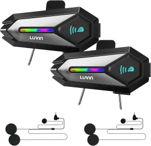 LUVIN Helmet Bluetooth Headset with RGB Light 300m Rider-to-Passenger Motorcycle Bluetooth Intercom Double Noise Cancellation Motorcycle Communication Systems with IP56 Waterproof 1000mAh HiFi Sound