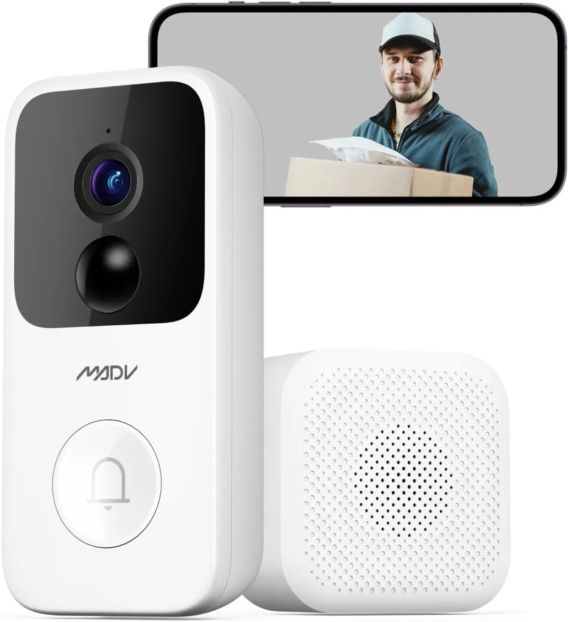 MADV Smart Video Doorbell, 2K Resolution, Night Vision, Two-Way Audio, Motion Detection, Voice Changing Answering, Cloud Storage, Free Chime, Instant Installation