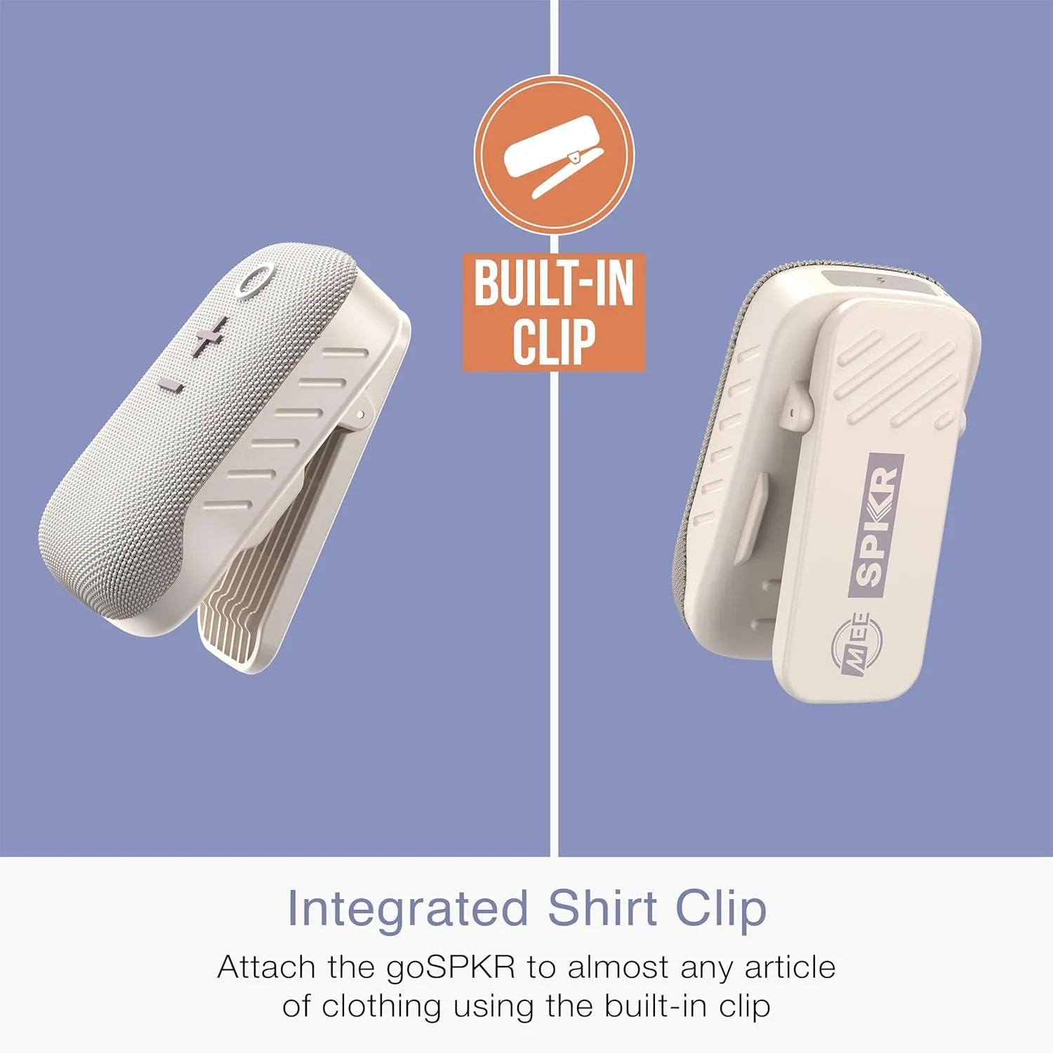 MEE audio goSPKR Small Wearable Clip-on Bluetooth Speaker with IPX5 Water Resistance, Built-in Speakerphone with Microphone for Hands-Free Calls, Compact Design, Can Connect Up to 2 in Stereo (Beige)