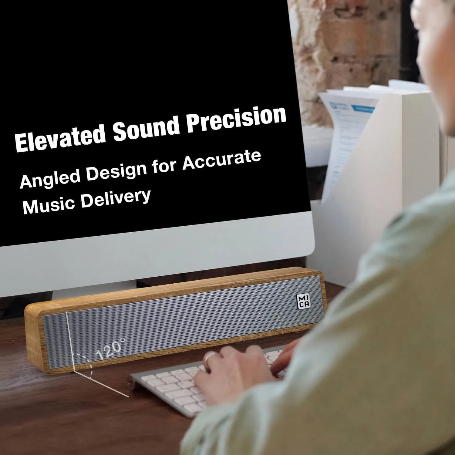 MICA Computer Speakers, Wired Computer Sound Bar, Wooden Mini Soundbar, USB Powered PC Speakers for Desktop Monitor, Laptop, Tablet, 3.5mm Aux Connection, Angled (Yellow)