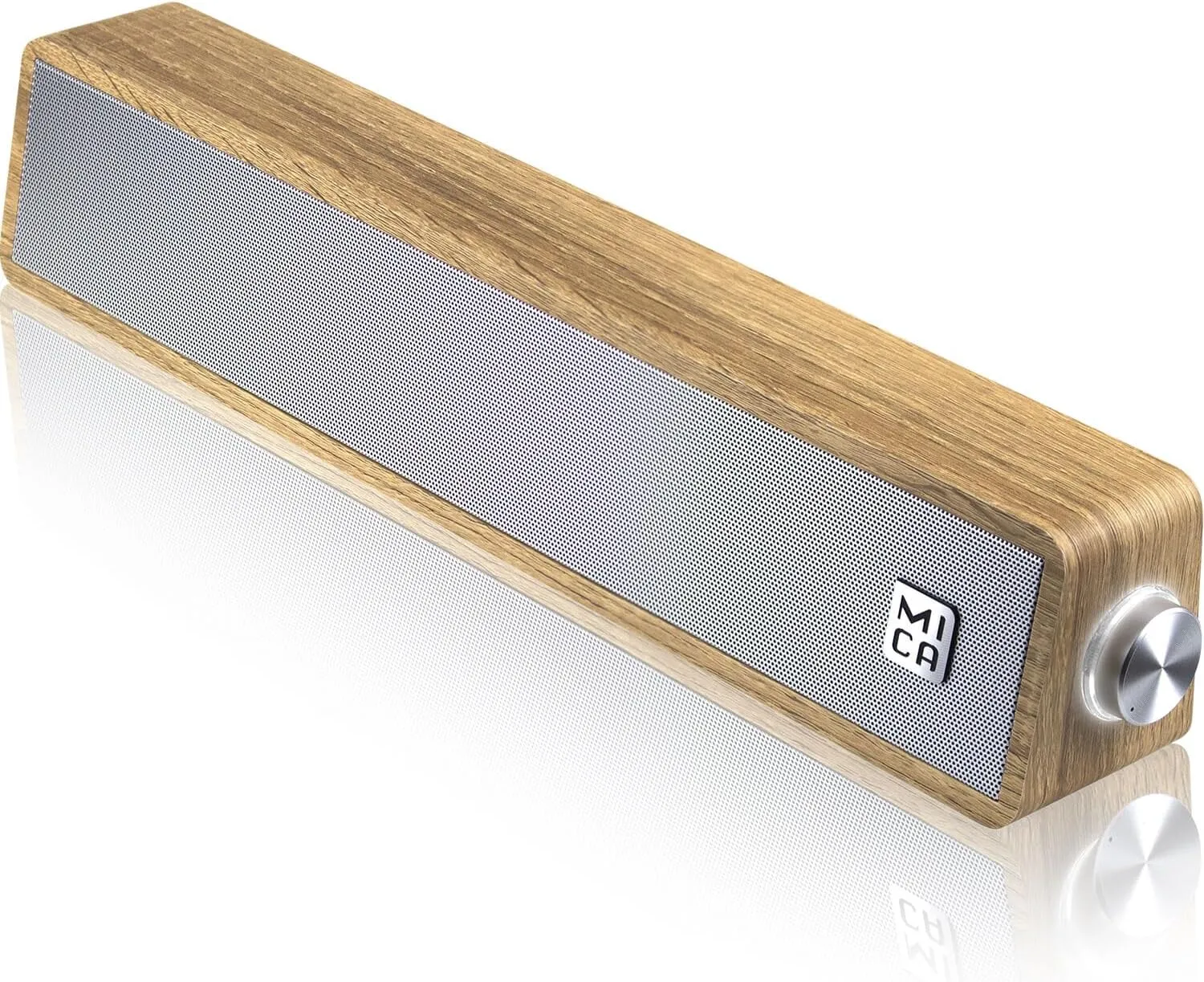 MICA Computer Speakers, Wired Computer Sound Bar, Wooden Mini Soundbar, USB Powered PC Speakers for Desktop Monitor, Laptop, Tablet, 3.5mm Aux Connection, Angled (Yellow)