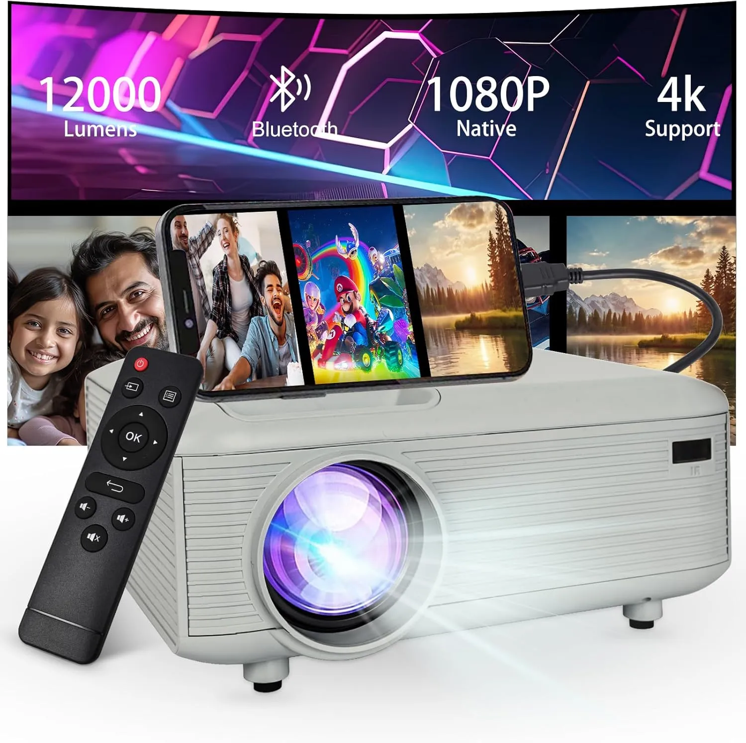 Mini bluetooth Projector(Tripod and HDMI Cables Included),4K Support Native 1080P Portable Movie ProjectorOutdoor Projector Compatible with Android/iOS/Windows/TV Stick/HDMI/USB