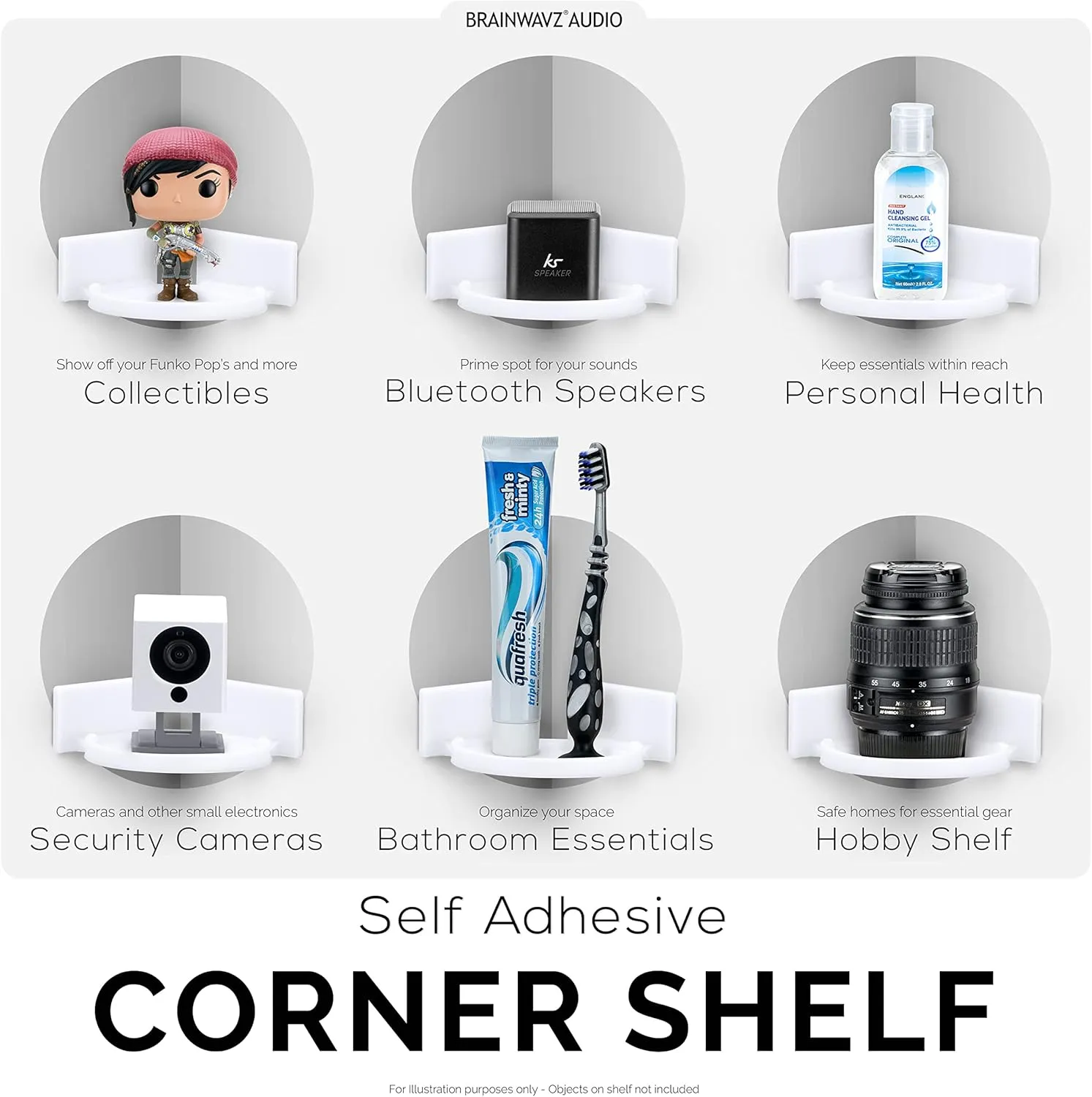 Mini Circular Corner Shelf Mount for Security Cameras, Baby Monitors, Speakers, Plants & More, Universal Holder, Strong Adheasive, No Mess, Screwless by Brainwavz (White)