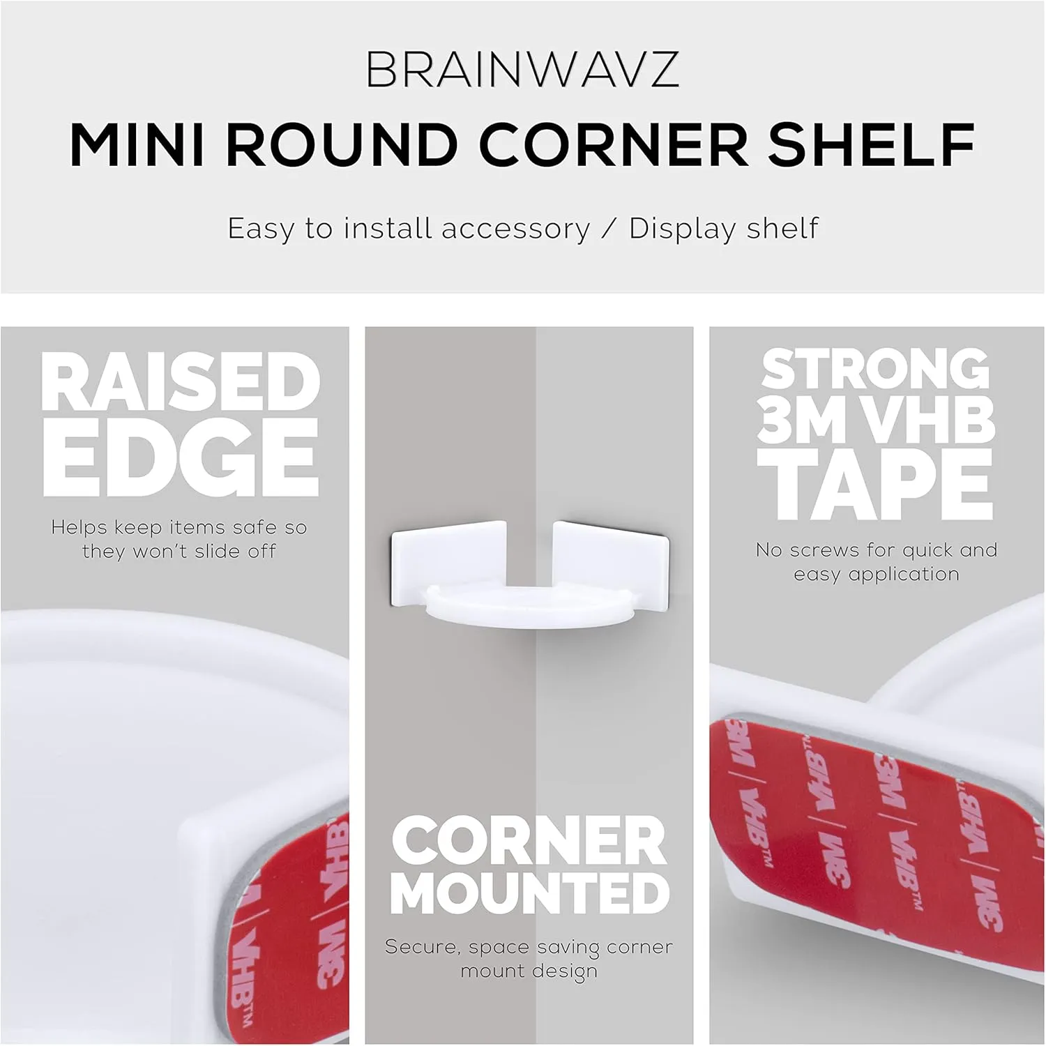Mini Circular Corner Shelf Mount for Security Cameras, Baby Monitors, Speakers, Plants & More, Universal Holder, Strong Adheasive, No Mess, Screwless by Brainwavz (White)