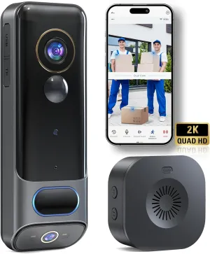 MUBVIEW Dual Doorbell Camera Wireless No Subscription,2K Head to Toe Door Camera Wireless for Apartment, Door Bells for Homes with Chime, 2.4G WiFi, AI Human Detection, Night Vision