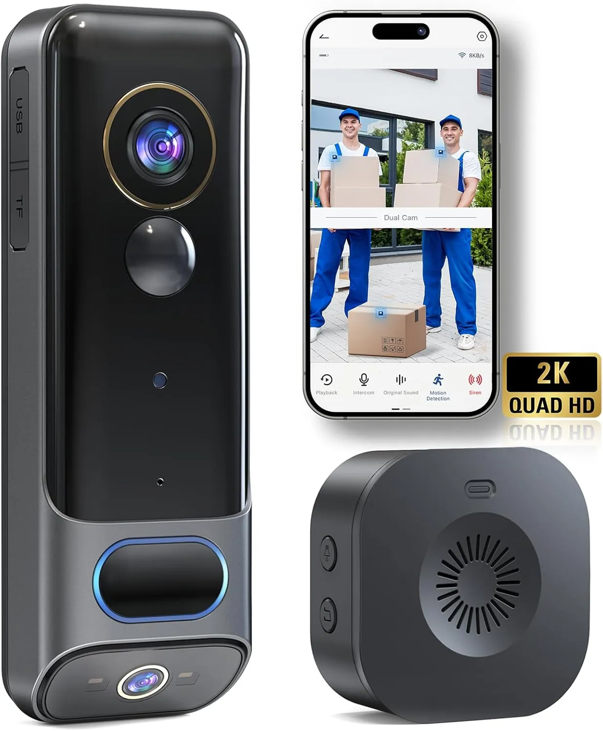 MUBVIEW Dual Doorbell Camera Wireless No Subscription,2K Head to Toe Door Camera Wireless for Apartment, Door Bells for Homes with Chime, 2.4G WiFi, AI Human Detection, Night Vision