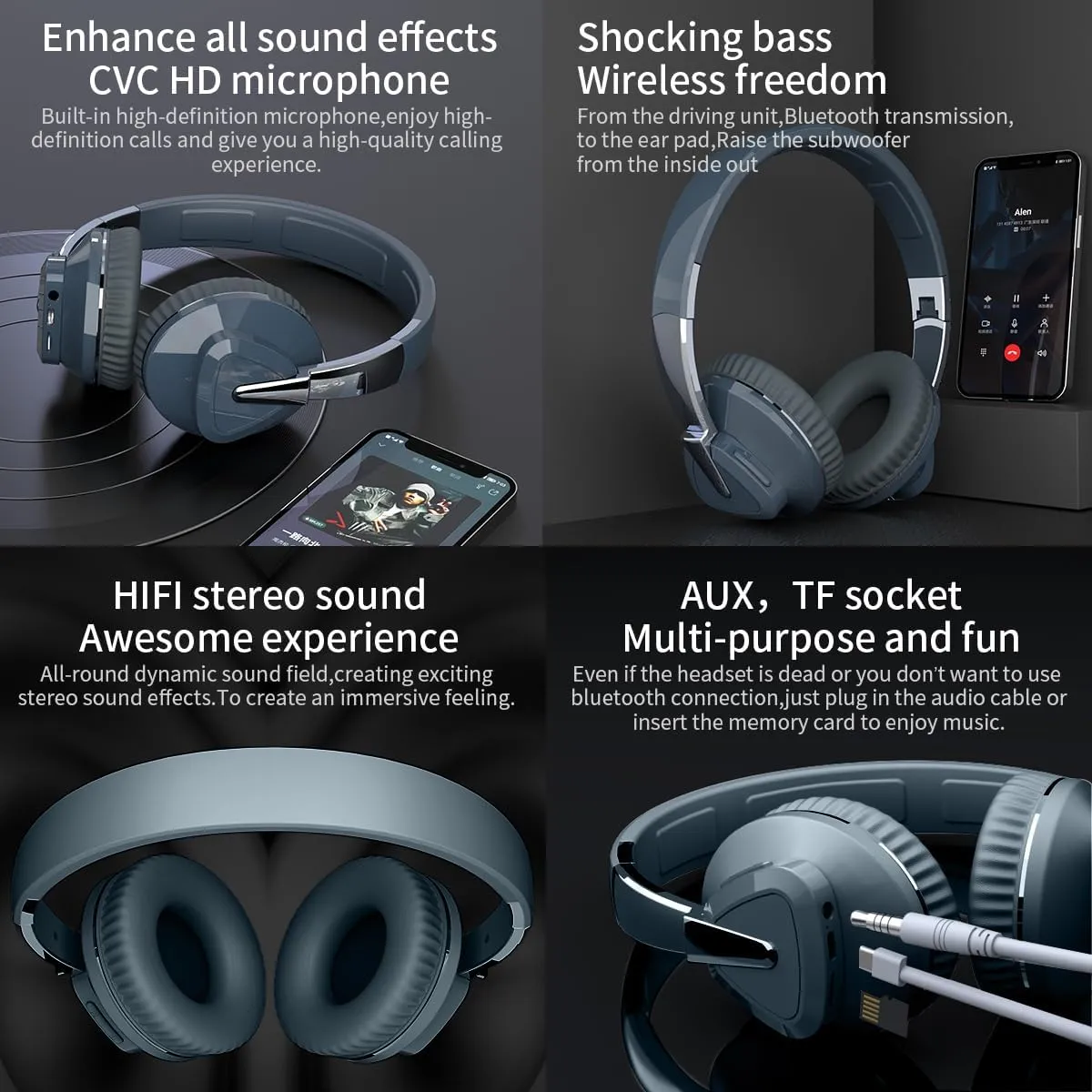 Over Ear Bluetooth Headphones Wireless Overhead, Hifi Stereo, 24hrs Playtime, 2-core Lossless for Tv, Gym, PC, Cell Phone (Blue), 2A537-H3