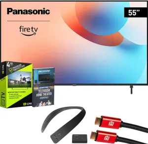 Panasonic TV-55W95AP W95 55" Mini LED 4K UHD Smart Fire TV 2024 Bundle with WN10 Neck Speaker, 4 YR CPS Enhanced Protection, 2X HDMI Cable & Deco Gear Complete Home Theater Beginner's Guidebook