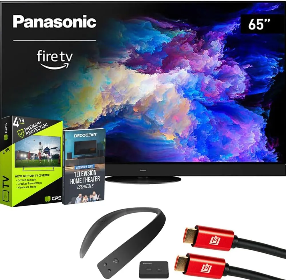 Panasonic TV-65Z95AP Z95 65-inch OLED 4K UHD Smart Fire TV 2024 Bundle with WN10 Neck Speaker, 4 YR CPS Enhanced Protection, 2X HDMI Cable & Deco Gear Complete Home Theater Beginner's Guidebook