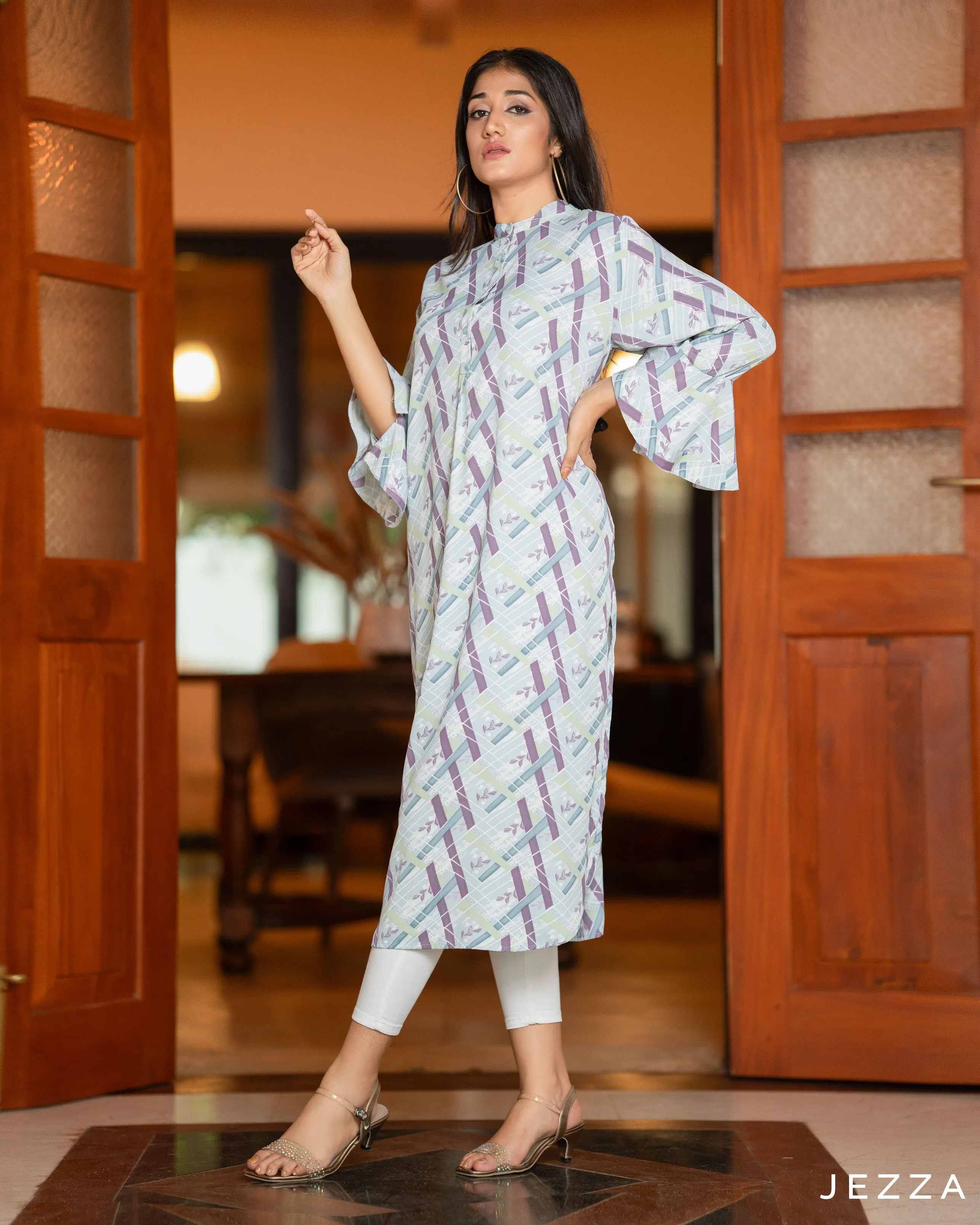 Printed Polyester Midi Top With Flared Sleeve 57601