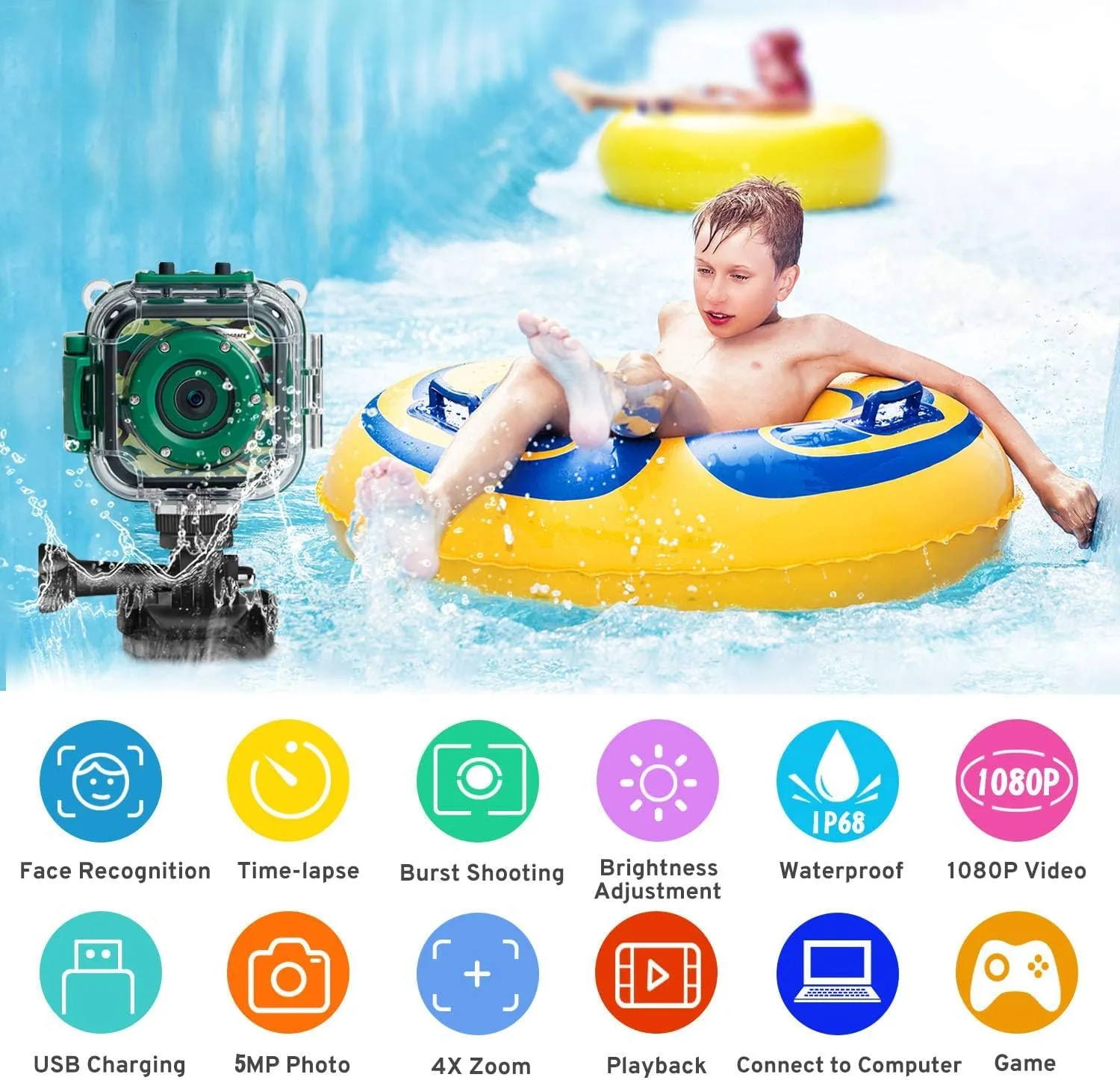 PROGRACE Kids Waterproof Camera for Boy Toys-Underwater Video Camera for Kids 1080P HD Camcorder Toy Gift Boys 3 4 5 6 7 8 9 10 11 12 Year Old Vlogging YouTube Children Digital Camera Build-in Games