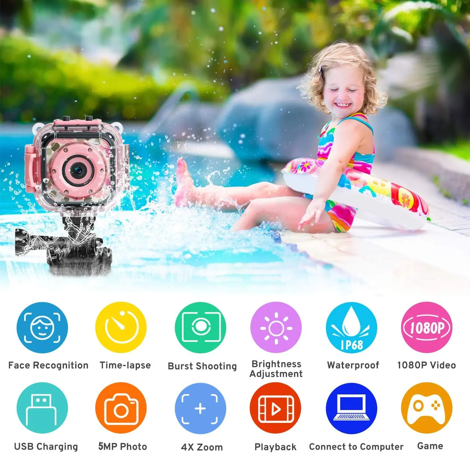 PROGRACE Kids Waterproof Camera Girls - Kids Video Camera Underwater 1080P HD Children Camcorder Digital Camera for Girls Holidays Birthday Toys Gifts 3 4 5 6 7 8 9 10 11 12 Year Old