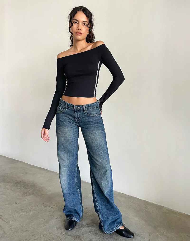 Reiba Long Sleeve Top in Black with Grey Binding