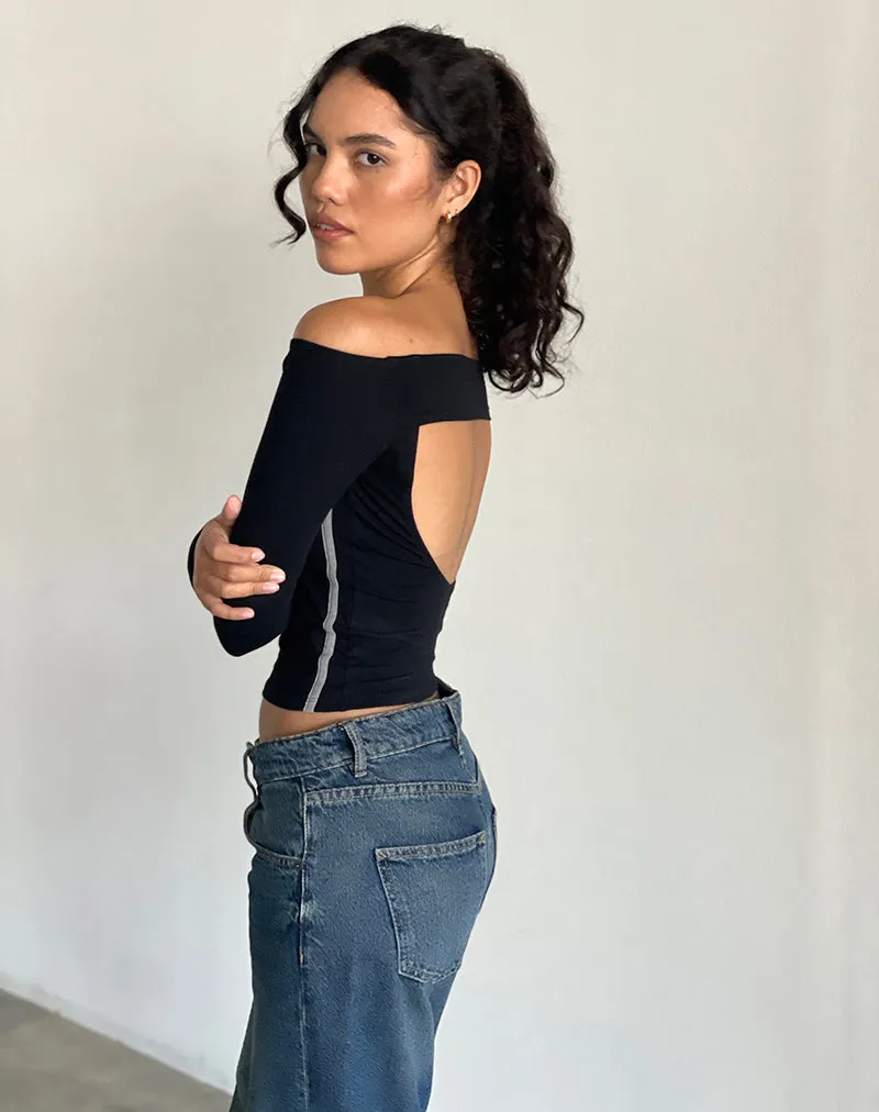 Reiba Long Sleeve Top in Black with Grey Binding