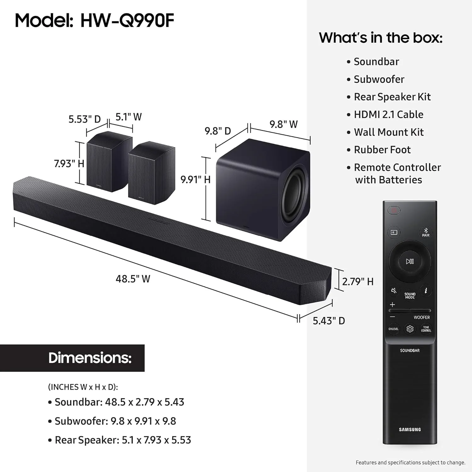 SAMSUNG Q990F 11.1.4ch Q Series Subwoofer   Rear Speaker, Wireless Dolby Atmos, Q-Symphony, Game Mode Pro, Adaptive Sound (HW-Q990F, 2025)