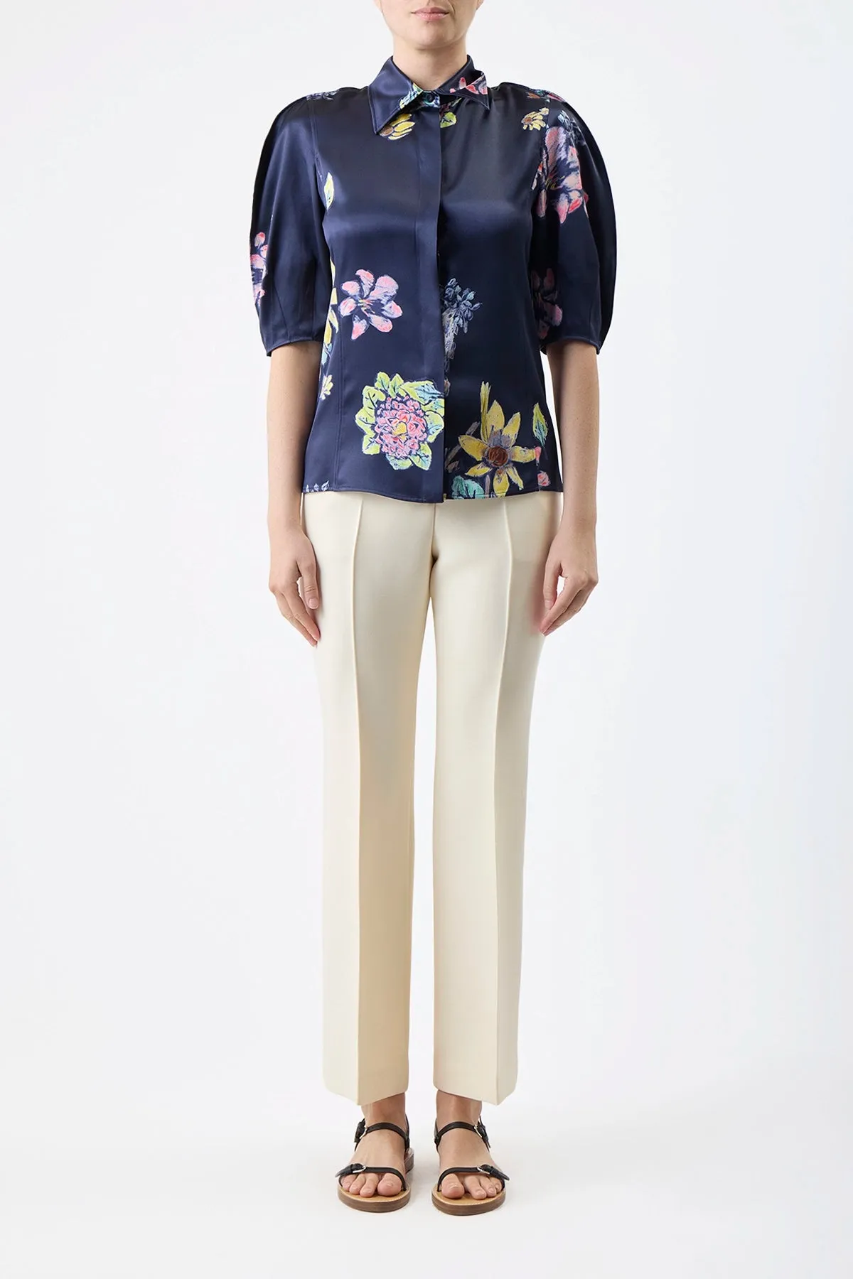 Sansi Top in Dark Navy Multi Printed Silk