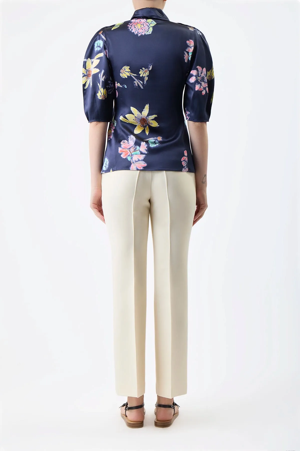 Sansi Top in Dark Navy Multi Printed Silk