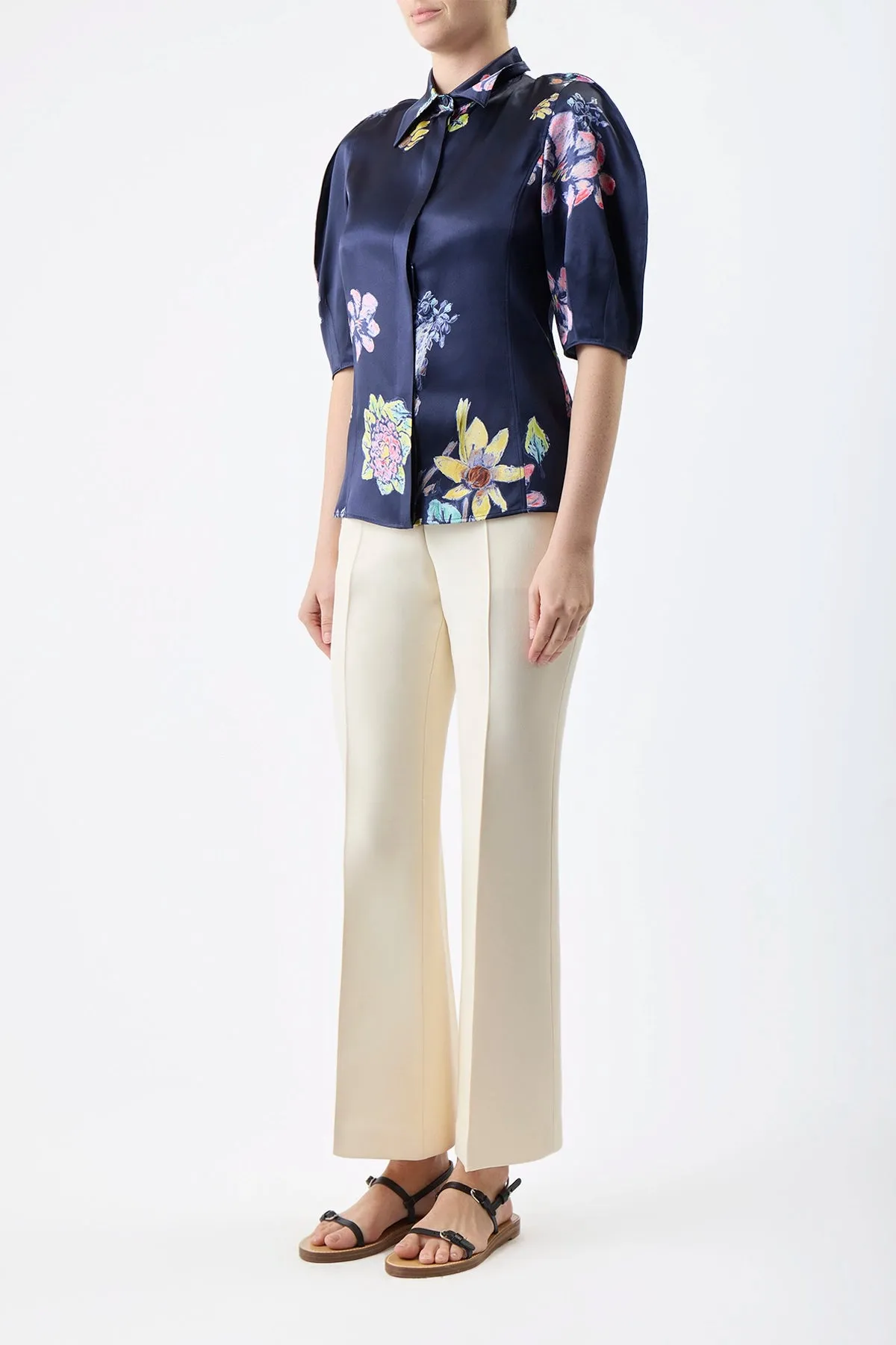 Sansi Top in Dark Navy Multi Printed Silk
