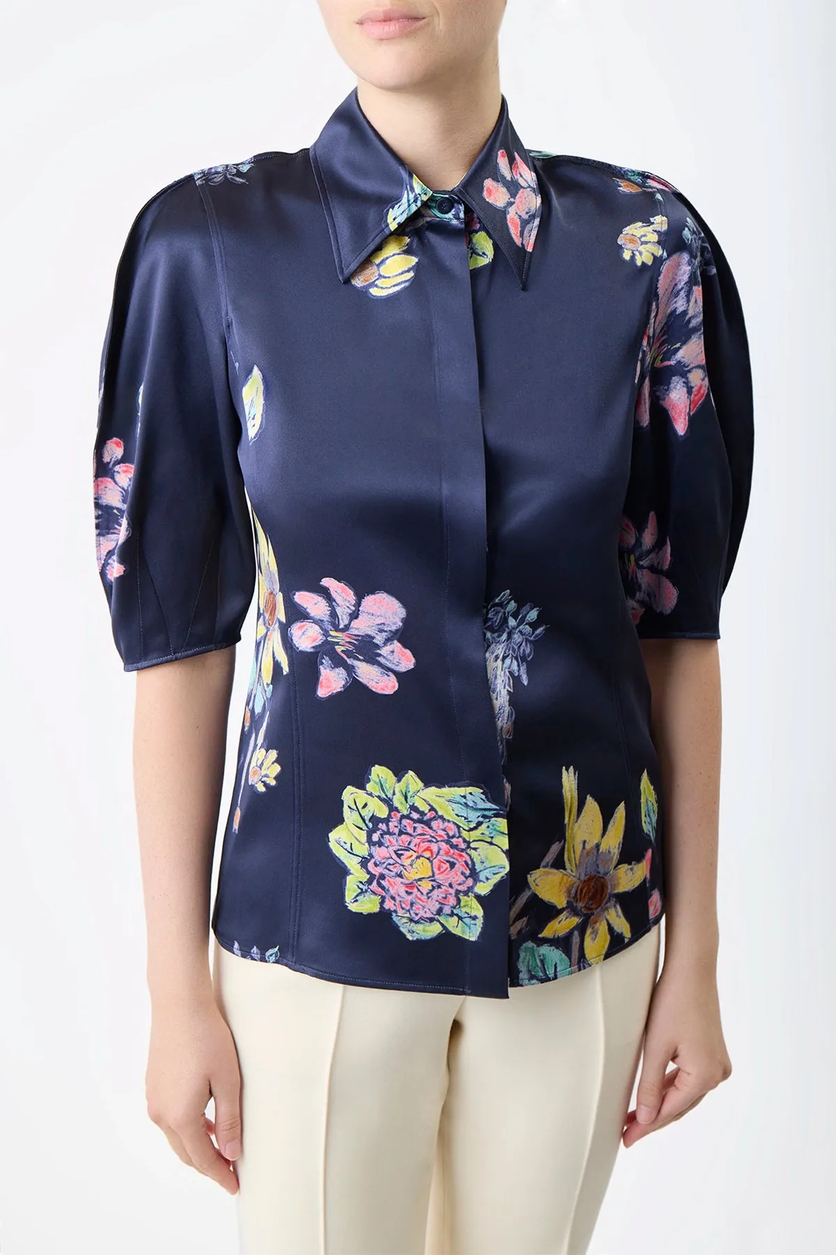 Sansi Top in Dark Navy Multi Printed Silk