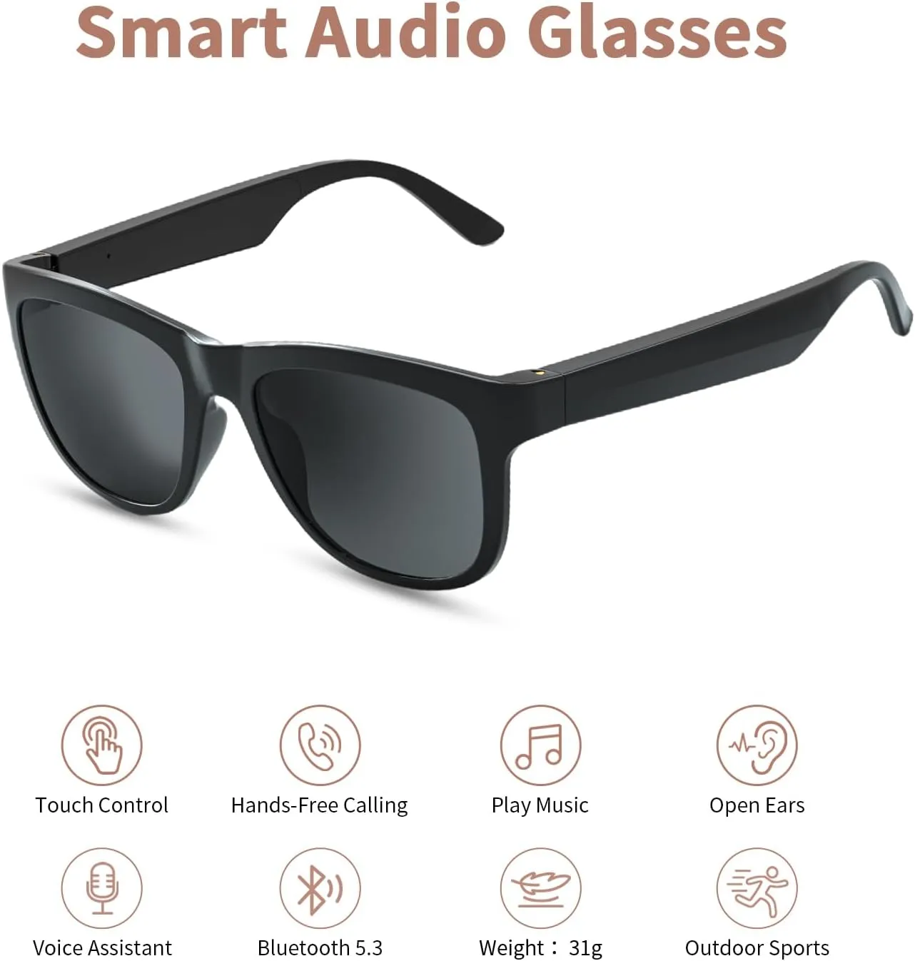 Smart Sunglasses Bluetooth, Audio Glasses for Men Women with Speaker & Mic, UV400 Polarized Lens, Open Ear Music, MFB Buttons Control Voice Assistant, up to 200 Hours of StandbyBlack