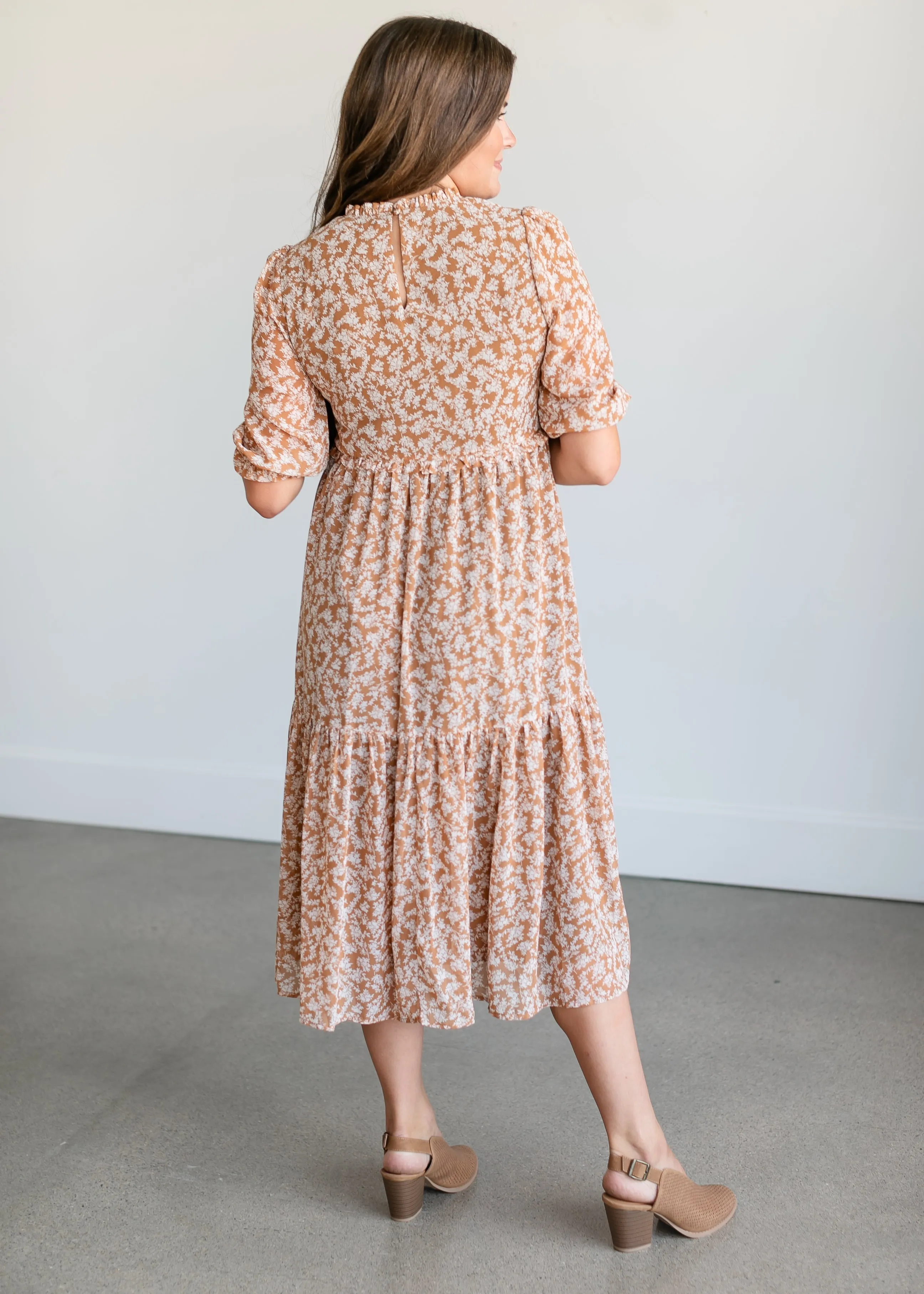 Smocked 3/4 Sleeve Floral Midi Dress