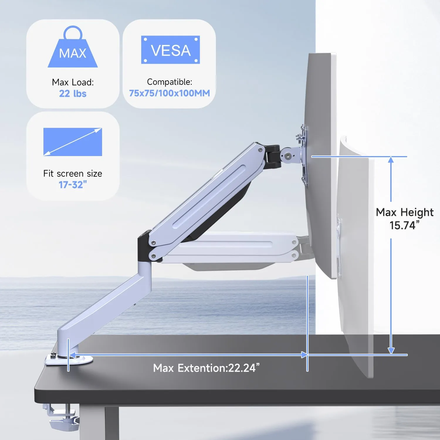 Suptek Monitor Mount Gas Spring Monitor Arm Desk Mount Fully Adjustable Fits 17-32inch Monitors Weight Capacity up to 22 lbs,Blue(MD8BLUE)