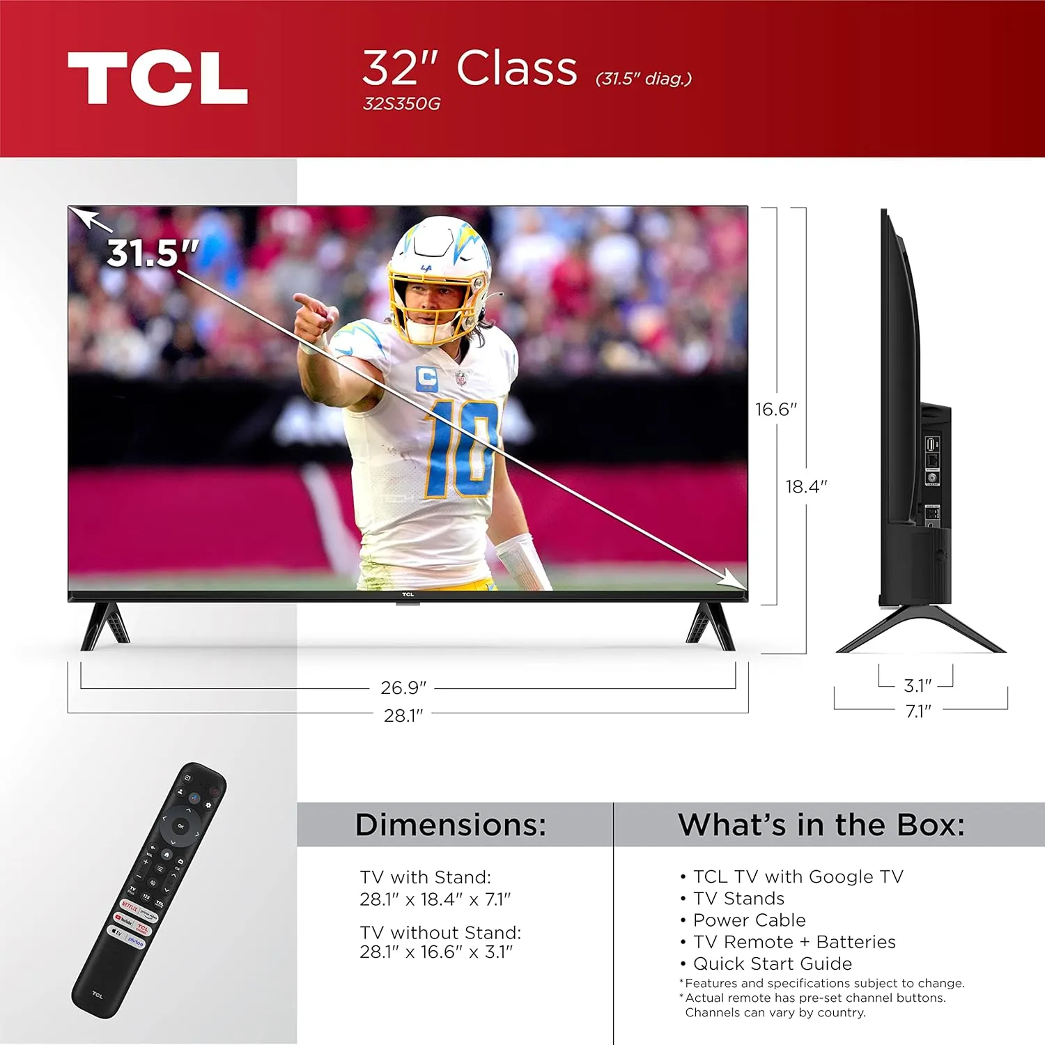 TCL 32-Inch Class S3 1080p LED Smart TV with Google TV (32S350G, 2023 Model), Google Assistant Built-in with Voice Remote, Compatible with Alexa, Streaming FHD Television,Black
