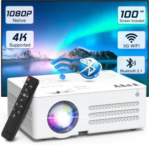 TMY Projector with WiFi and Bluetooth100" screen includedNative 1080P Outdoor Projector, 4K Supported Portable Projector, Compatible with iOS/Android/PC/TV Stick/HDMI/USB, Indoor Outdoor Use