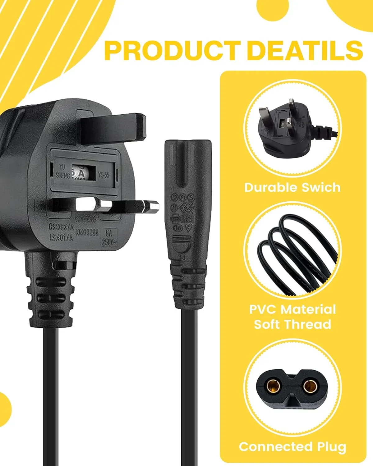 United Kingdom UK 2- Slot Printer Power Cord Cable, Non-Polarized (IEC-320-C7 to CEE 7/16) Works with Printer, TV, PS4 Game Console and More for UK Travel (UK)