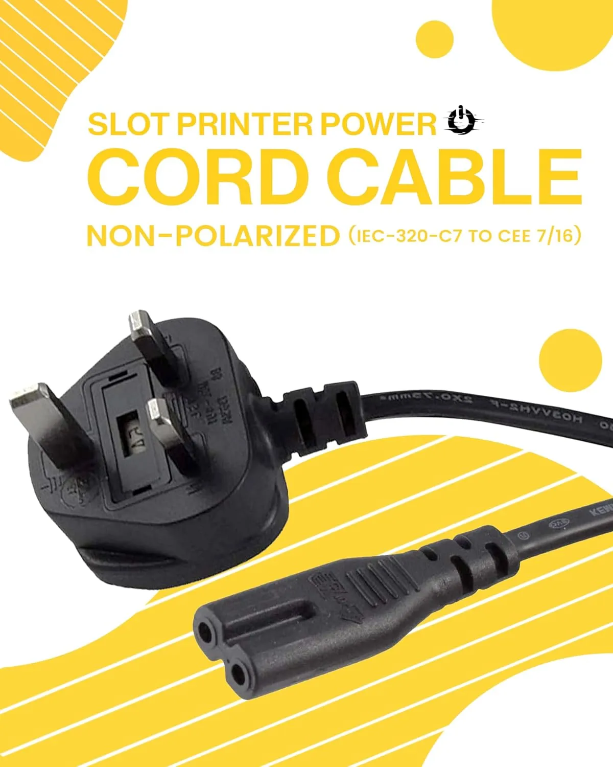 United Kingdom UK 2- Slot Printer Power Cord Cable, Non-Polarized (IEC-320-C7 to CEE 7/16) Works with Printer, TV, PS4 Game Console and More for UK Travel (UK)