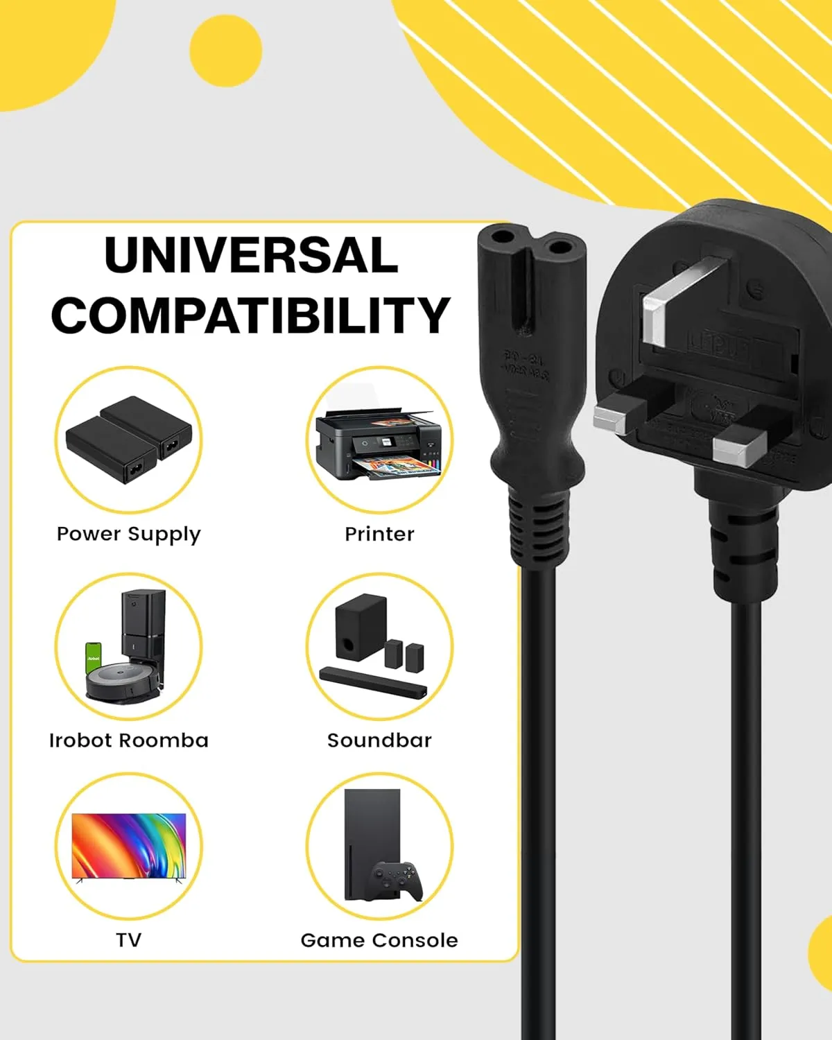 United Kingdom UK 2- Slot Printer Power Cord Cable, Non-Polarized (IEC-320-C7 to CEE 7/16) Works with Printer, TV, PS4 Game Console and More for UK Travel (UK)