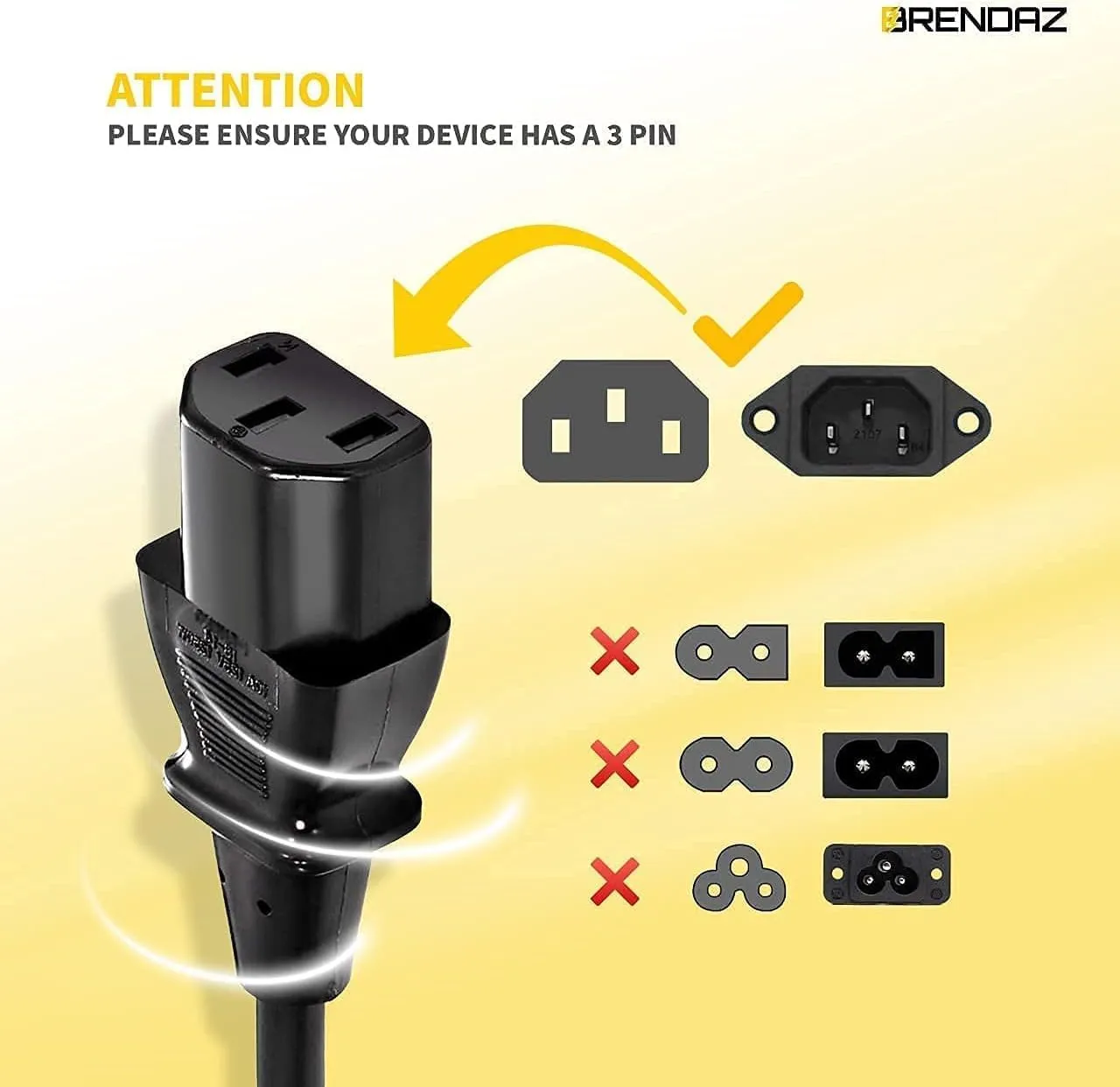 Universal AC Power Cable - 5 Pack- 1ft. 3 Prong PC Power Cord Replacement for Computer, Monitor, Scanner, Printer, TV- IEC 320 C13 to NEMA 5-15P, 18awg, 125V 10 Amp (1-Feet)